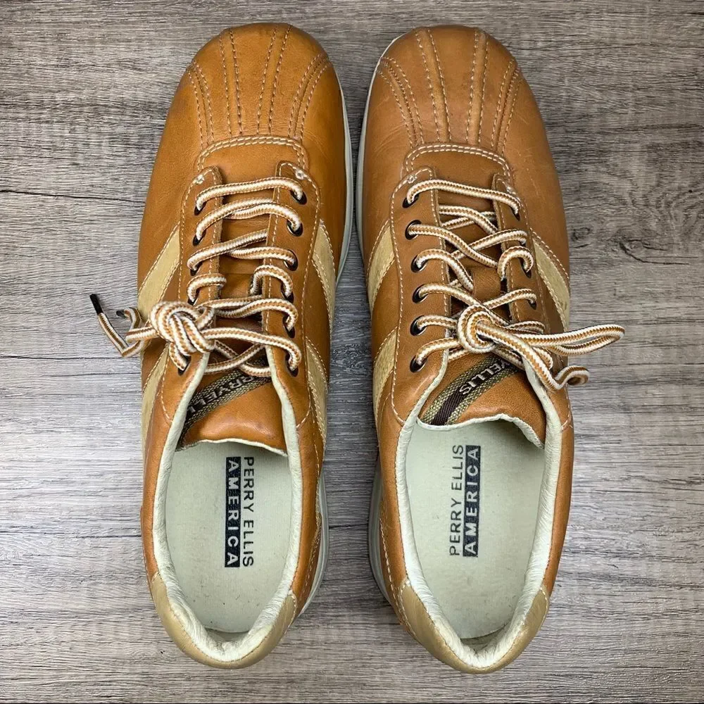 Perry Ellis Classic Chaser Style Lace up Shoes~Tan‎
